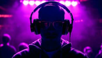 AI generated Young adult enjoying a rock concert with headphones generated by AI photo