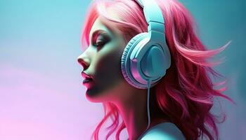 ai generado joven mujer disfrutando música con auriculares a Club nocturno generado por ai foto