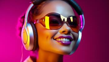 ai generado sonriente joven mujer disfrutando música con auriculares generado por ai foto