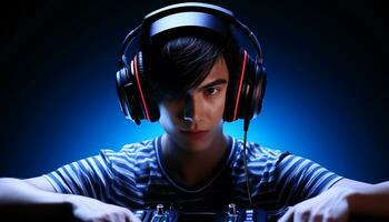 AI generated Young adult enjoying music with headphones at nightclub generated by AI photo