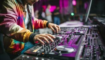 AI generated Nightclub stage, one DJ, mixing music, illuminated disco generated by AI photo