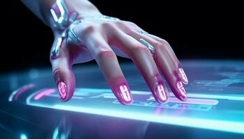 AI generated Glowing fingernail touches computer keyboard in futuristic nightclub generated by AI photo