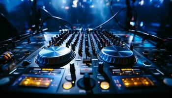 AI generated Nightclub mixing turntable equipment, nightlife, night, technology, knob, sound mixer generated by AI photo