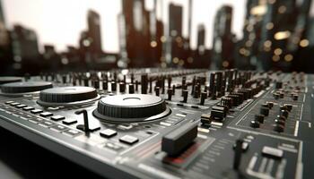 AI generated Mixing sound equipment in a nightclub, adjusting knobs generated by AI photo
