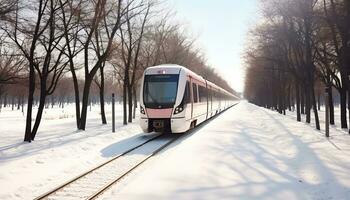 ai generado nieve cubierto ciudad calles, borroso movimiento de transporte generado por ai foto