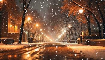 ai generado nevando a noche, invierno celebracion, iluminado ciudad generado por ai foto