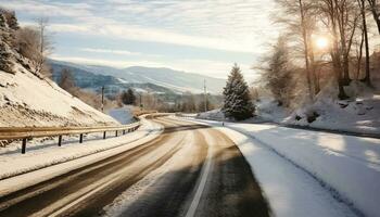 AI generated Winter landscape, snowy forest, mountain journey, icy road generated by AI photo