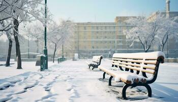 AI generated Winter landscape, snow covered bench in tranquil forest generated by AI photo