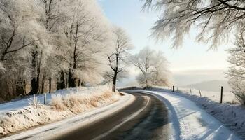 AI generated Winter landscape, snowy forest, icy road, vanishing point generated by AI photo