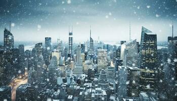 ai generado nevando paisaje urbano a oscuridad, rascacielos iluminado en azul generado por ai foto