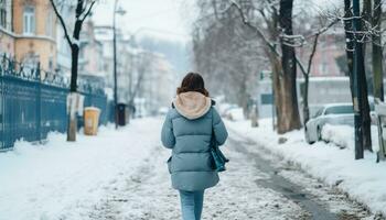 AI generated Smiling woman walking in snowy forest, enjoying winter generated by AI photo