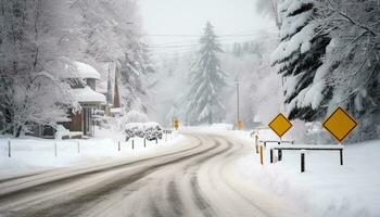 AI generated Winter landscape, snowy forest, slippery road, frozen car generated by AI photo