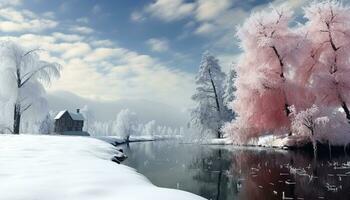 AI generated Winter landscape, snow covered forest, tranquil scene, frozen pond generated by AI photo