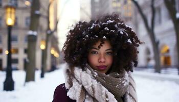 AI generated Smiling young woman in winter snow, looking fashionable generated by AI photo