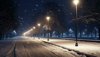 ai generado Nevado invierno noche, naturaleza linterna ilumina el al aire libre generado por ai foto