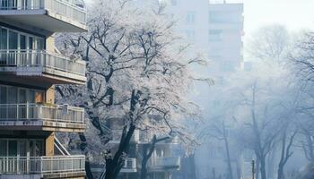 AI generated Winter nature, snow covered tree, architecture blending outdoors generated by AI photo