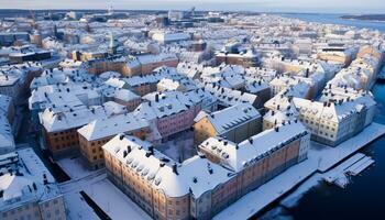 ai generado nieve cubierto paisaje urbano con alto subir edificios y tejados generado por ai foto