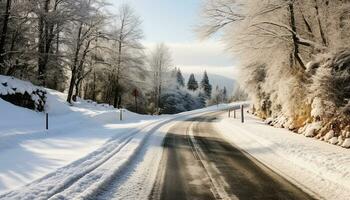 AI generated Winter landscape, snowy forest, icy mountain, tranquil beauty generated by AI photo