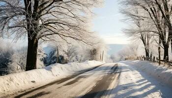 AI generated Winter landscape, snow covered trees in a frozen forest generated by AI photo