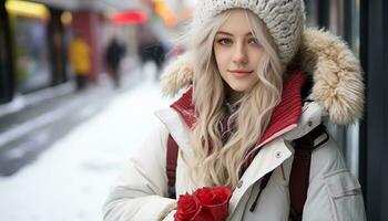 AI generated Smiling young woman in winter coat enjoying outdoors generated by AI photo