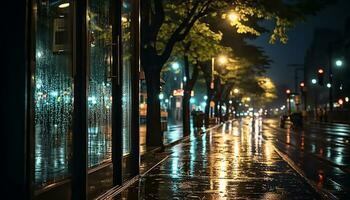 ai generado ciudad luces reflejar en mojado calles a oscuridad generado por ai foto