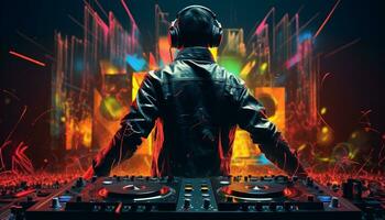 AI generated Nightclub jockey mixing music, creating electrifying party atmosphere generated by AI photo