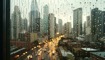 AI generated Nighttime cityscape through window, skyscrapers, traffic, rain generated by AI photo