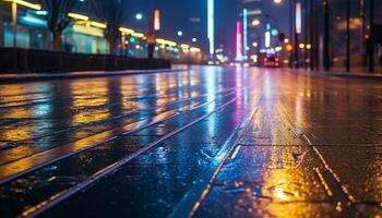 AI generated Glowing car lights illuminate the wet city street generated by AI photo