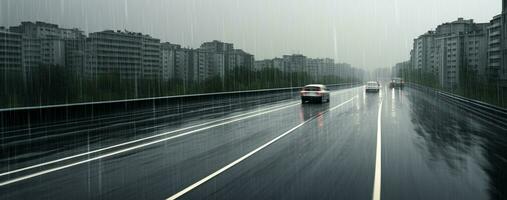 ai generado borroso movimiento, noche, conduciendo, ciudad vida, múltiple carril carretera, al aire libre, oscuro, lluvia generado por ai foto