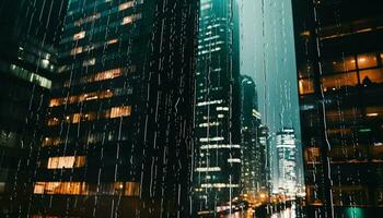 AI generated Rainy night in the city, skyscrapers reflecting lights generated by AI photo