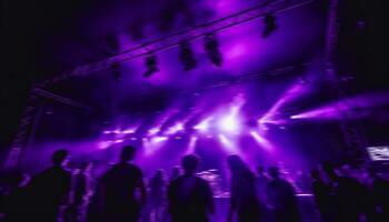 AI generated Nightclub stage illuminated with disco lights, crowd dancing generated by AI photo