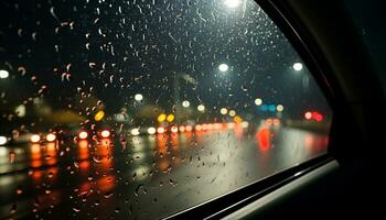 AI generated Driving through the rain, car lights illuminate city generated by AI photo