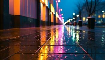 AI generated Rainy city streets illuminated by vibrant car lights generated by AI photo