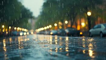 ai generado gota de agua en coche ventana refleja ciudad luces generado por ai foto