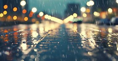 AI generated Raindrops on wet asphalt create a vibrant cityscape generated by AI photo