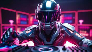 AI generated Futuristic nightclub stage, one DJ playing digitally generated music generated by AI photo