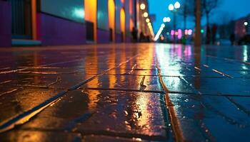 ai generado lluvioso noche, iluminado calle, mojado acera, borroso movimiento generado por ai foto