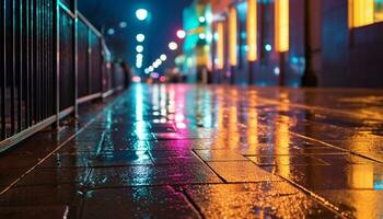 AI generated Rainy night, wet streets, illuminated city life generated by AI photo