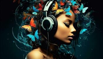 AI generated Young woman enjoying nature with headphones and butterfly generated by AI photo