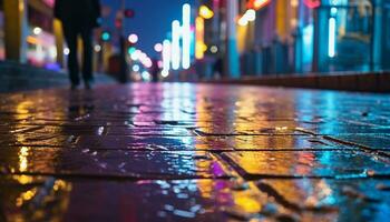 ai generado brillante ciudad calles, mojado con lluvia y movimiento generado por ai foto