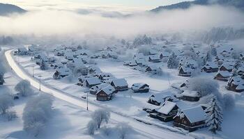 AI generated Snow covered mountains create a tranquil winter landscape generated by AI photo