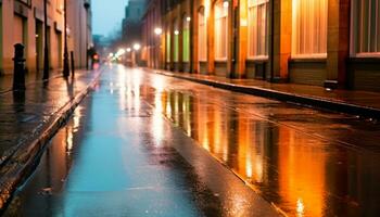 AI generated City street at dusk, car lights reflect on wet road generated by AI photo