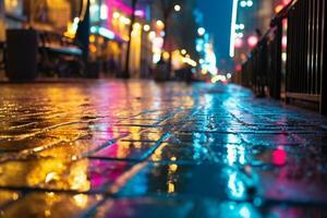 AI generated Rainy night, wet streets, illuminated city lights generated by AI photo