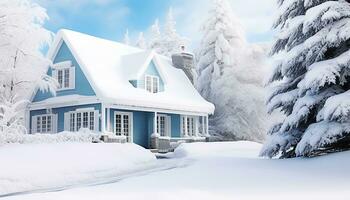 AI generated Winter landscape, snow covered trees, cozy cottage, peaceful generated by AI photo