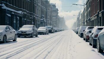 AI generated Snow covered city street, cars parked, winter night generated by AI photo