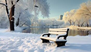 AI generated Winter landscape, snow covered tree, tranquil bench, frozen pond generated by AI photo