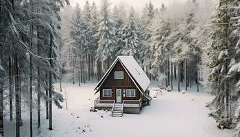 ai generado invierno paisaje, nieve cubierto bosque, congelado cabaña, tranquilo escena generado por ai foto