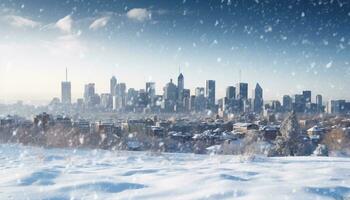 AI generated Snowy cityscape with skyscrapers, nature winter wonderland generated by AI photo