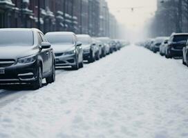 AI generated Snow covered car drives through winter city streets generated by AI photo