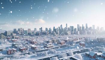 ai generado Nevado paisaje urbano a noche, rascacielos iluminar invierno generado por ai foto